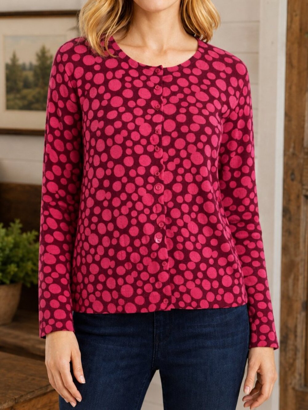 Garnet Hill 100% Cashmere Retro Hertiage Preppy Polka Dots Essential Cardigan
